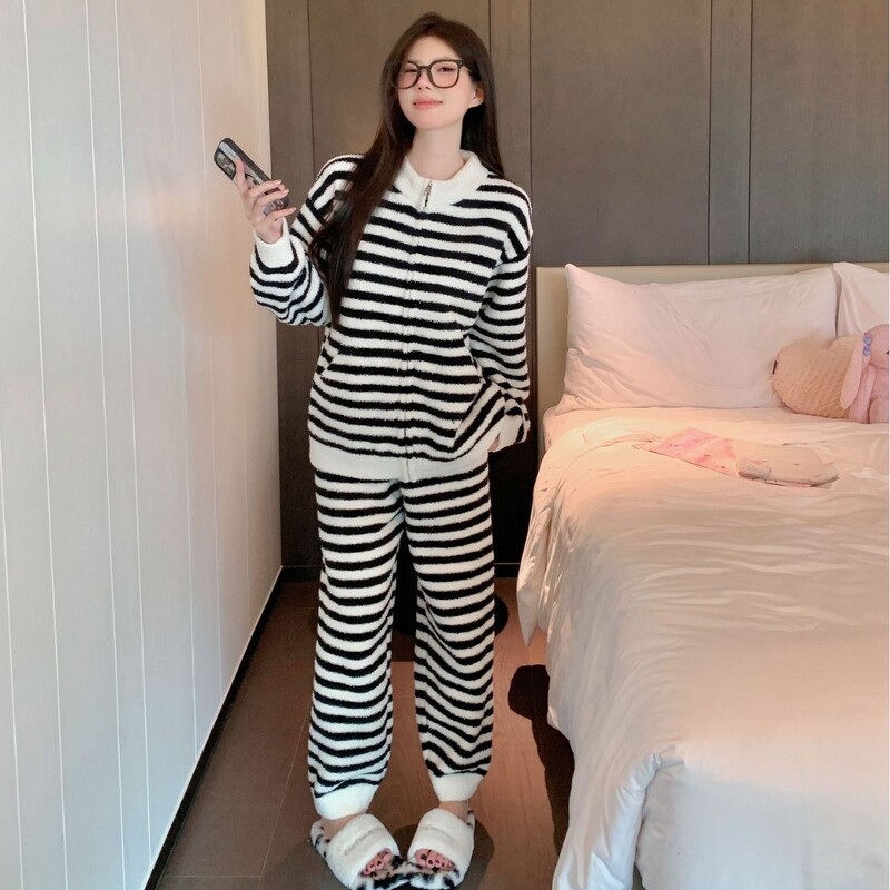 秋冬季睡衣女半边绒条纹长袖加厚保暖家居服套装可外穿珊瑚绒睡衣|undefined