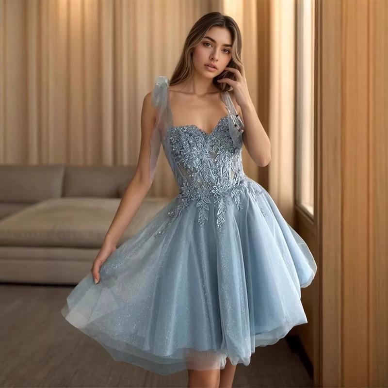 Shiny Tulle Lace Appliqué Short Prom Dress with Bow and Thin Straps, Sexy Birthday Mini Dress