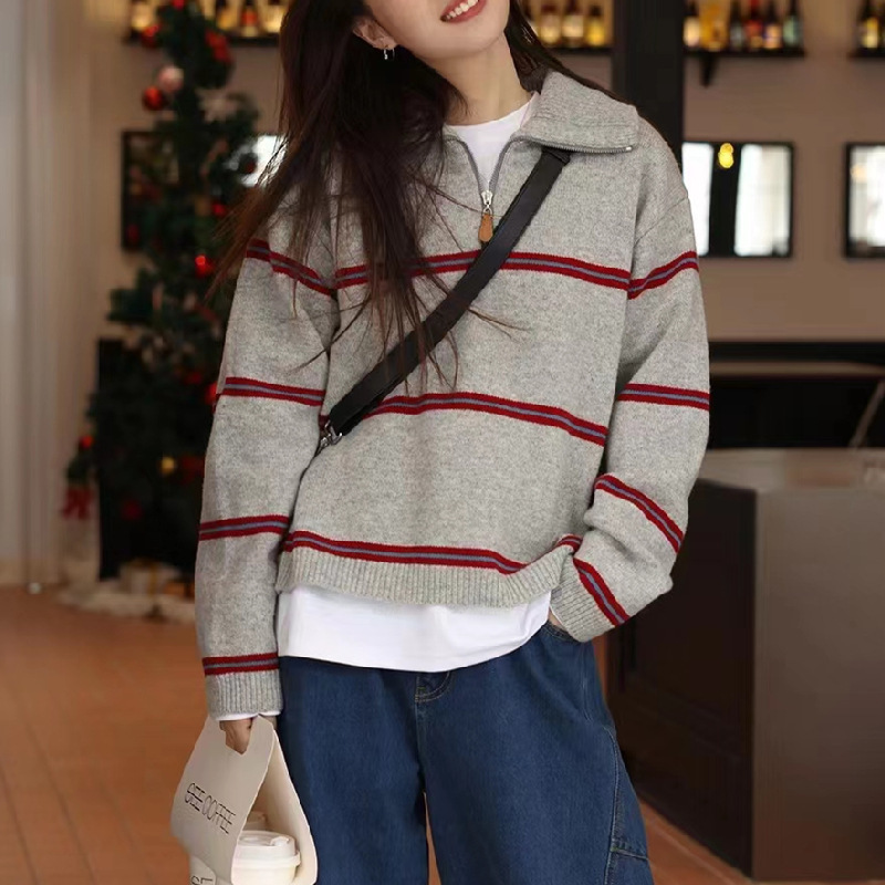 Kaning Japanese-Style Striped Half-Zip Stand Collar Sweater for Women 2026 Autumn New Lazy Style Outerwear Knitwear