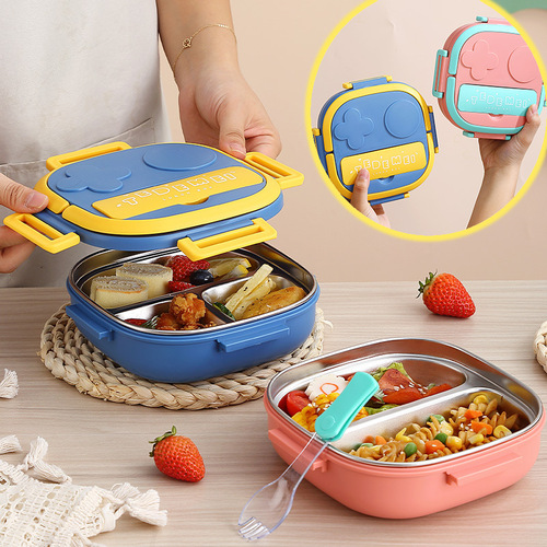 E-commerce hot selling stainless steel children's dinner plate insulated lunch box baby lunch box with spoon compartment kindergarten lunch box