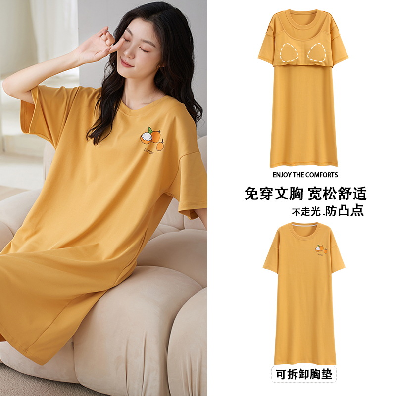 Camisón con almohadilla en el pecho pijamas de manga corta de algodón de verano para mujer dulce fresco cuello redondo ropa para el hogar vestido de verano