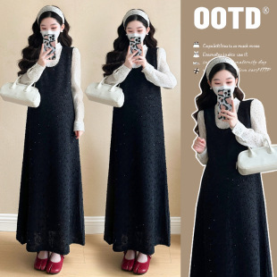 2025 Spring New Pregnant Women's Edition Temperament Sequin Strand Skirt Flocking Wave Dot Chiffon Base Shirt suit