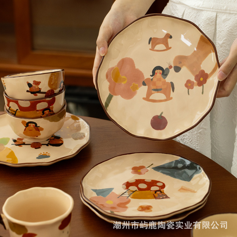レトロな女の子のセラミック食器ボウルとプレートセット、特に美しい誕生日プレゼント、女性の新築祝いギフトボックスセット|undefined
