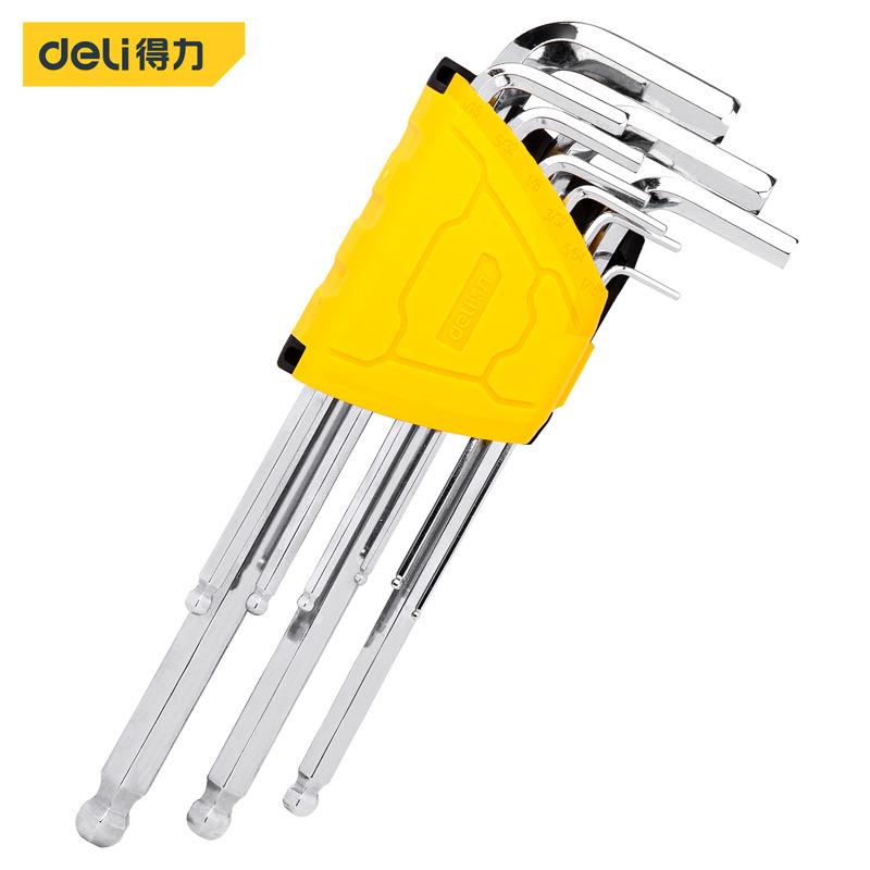 得力工具英制长型球头内六角扳手套装9件套 L形扳子1/16-3/8