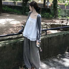 YJIA伊嘉秋季韩系休闲宽松显瘦针织开衫蕾丝吊带阔腿裤三件套5027