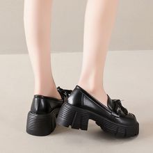 黑厚底英伦风复古乐福鞋2025夏秋新款日系圆头百搭系带增高小皮鞋