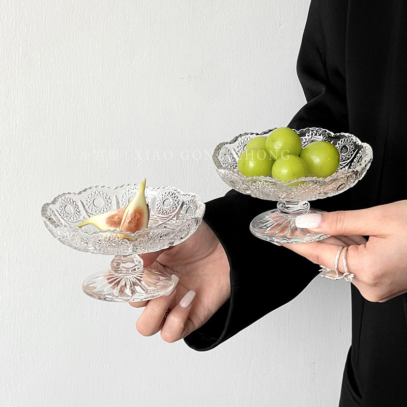 High-Looking Fruit Plate, Small Exquisite Embossed Glass Tall Plate, Candy Snack Plate, Fruit Plate, Snack Dessert Plate, Home Use