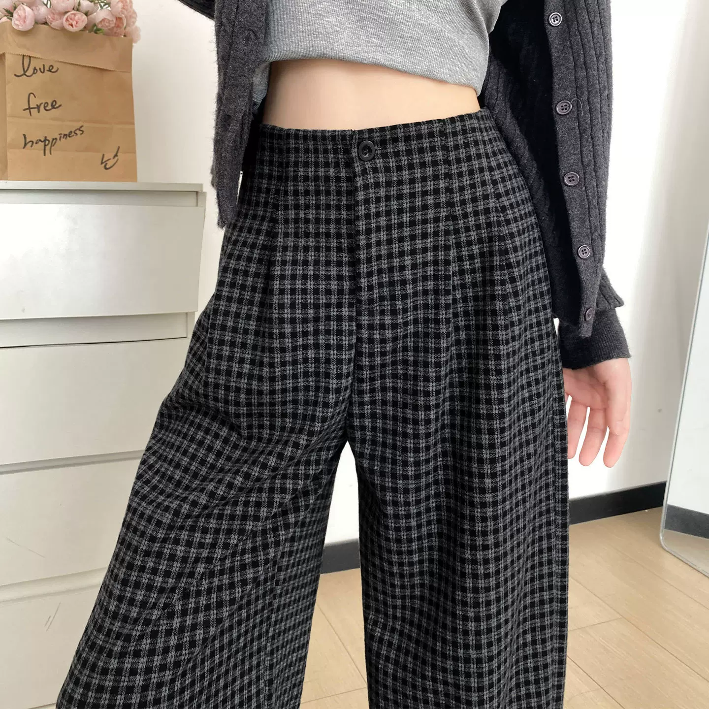 黑灰格子阔腿裤女2025新款秋季裤子宽松慵懒风垂感显瘦直筒休闲裤