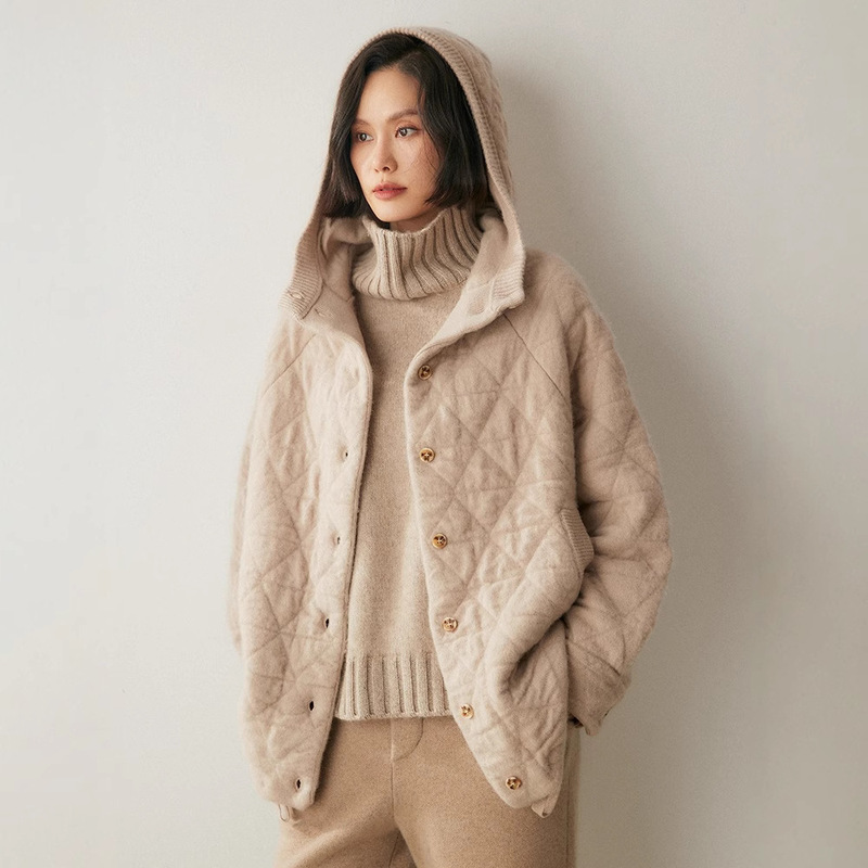 Heavy Thick Cashmere Knitted Sweater Women's Long-sleeved Cotton-padded Coat Thick Hooded Single-breasted Slim Retro Jacket All-match