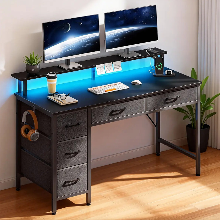 Cross-Border Panel Computer Desk with Drawer Storage, Home Office Desk with Monitor Riser, Student Gaming Desk