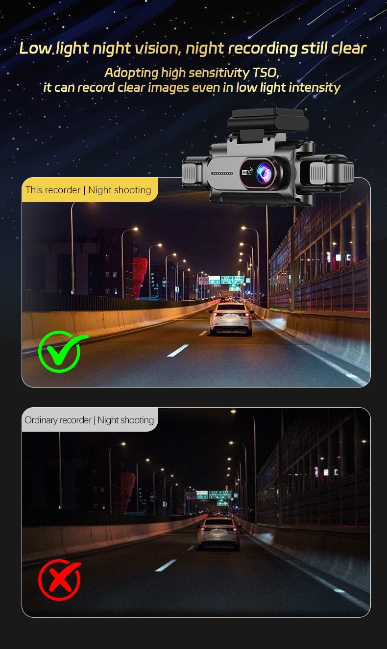 Cross-Border 3.0inch Hd Dash Cam with Four Cameras, Wifi Mobile Phone Connectivity, High-Definition Night Vision, Four-Lens Video Recording