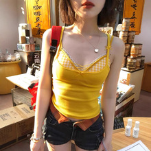 862#甜妹必备人棉元气嗲妹彩格交叉胸衣吊带背心纯欲辣妹上衣女