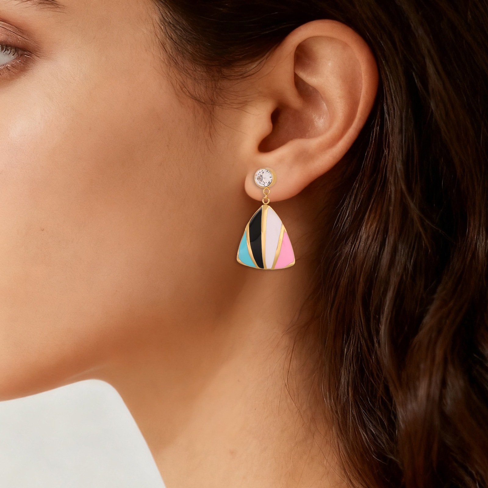 新款跨境欧美彩色三角形滴油不锈钢耳钉几何新中式小众个性女耳饰
