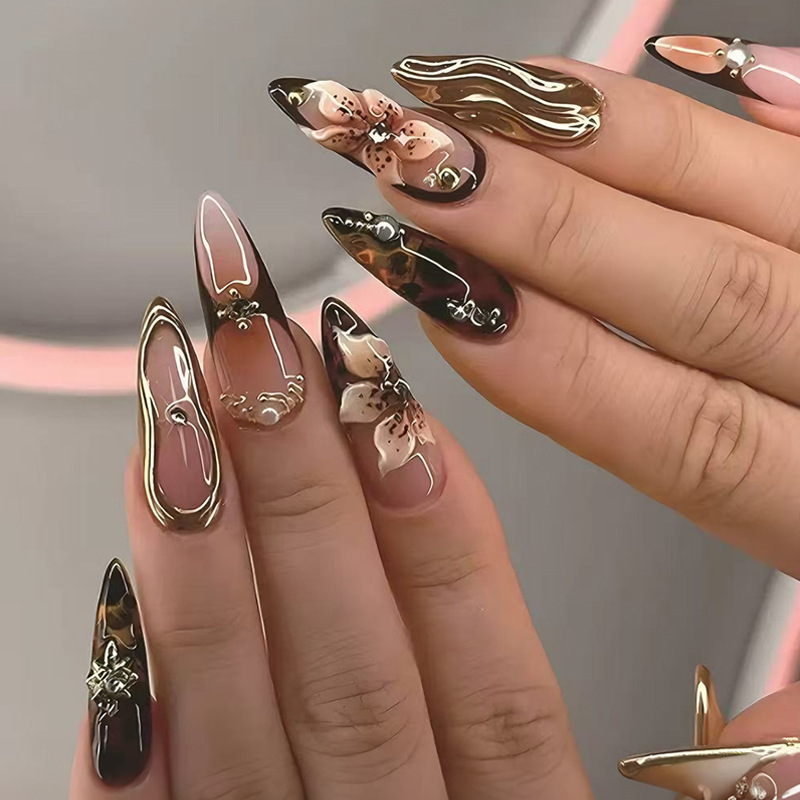 Cross-border TK new product 3D three-dimensional wearable nails, 24 pieces, floral gold-plated resin fake nails, press-on nails Cross-border TK new product 3D three-dimensional wearable nails, 24 pieces, floral gold-plated resin fake nails, press-on nails