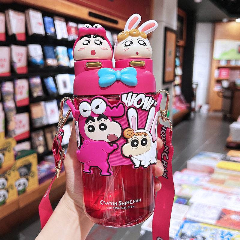Crayon Shin-chan Tritan Summer Water Cup Large Capacity Kids Straw Water Cup Primary School Students School Shoulder Sling Dual Drink Cup