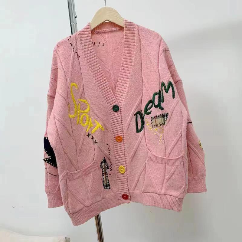 Maoning 秋と冬の新韓国スタイルニットルーズ重工業カラー刺繍ファッション V ネックミッドレングスセーター女性のジャケット|undefined