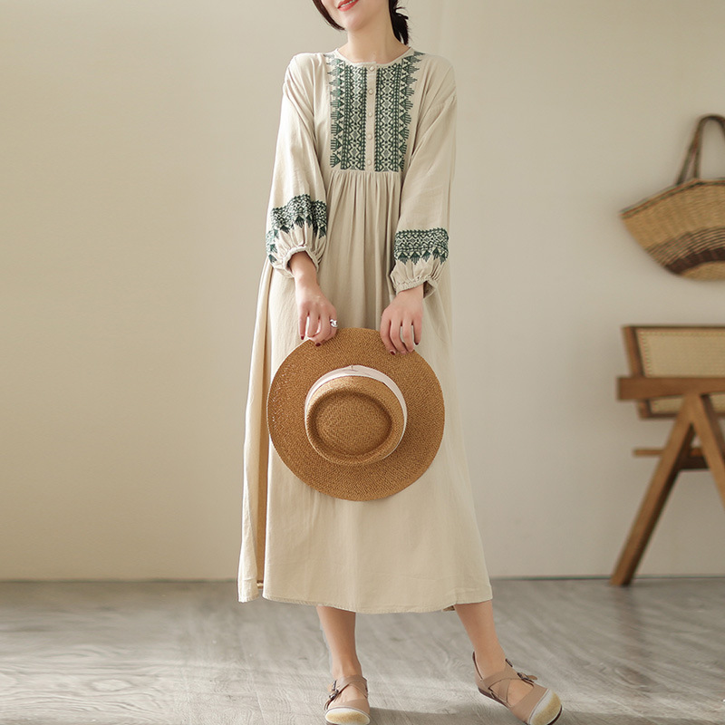 Forest-Style Round Neck Embroidered Half-Cardigan Four-Button Long-Sleeve Dress, Early Autumn New Pure Cotton Comfortable A-Line Slimming Dress Forest-Style Round Neck Embroidered Half-Cardigan Four-Button Long-Sleeve Dress, Early Autumn New Pure Cotton Comfortable A-Line Slimming Dress