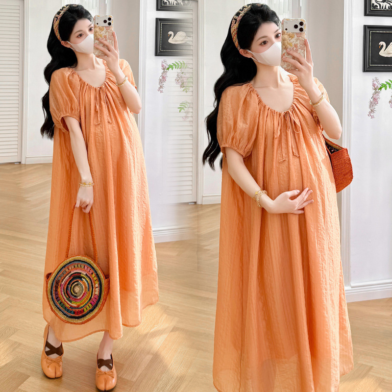 2026 New Summer Dress in Orange Soda Color with V-Neck, Tie, and Puff Sleeves, Elegant Maternity Dress 2026 New Summer Dress in Orange Soda Color with V-Neck, Tie, and Puff Sleeves, Elegant Maternity Dress