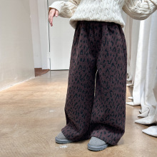 【加绒】艾摩贝贝女童冬季时髦休闲长裤子儿童个性保暖直筒豹纹裤