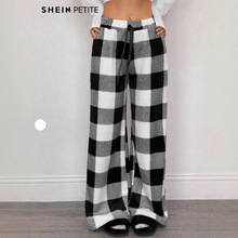 女式跨境黑白格宽松阔腿休闲裤，带绒，适合冬季穿搭