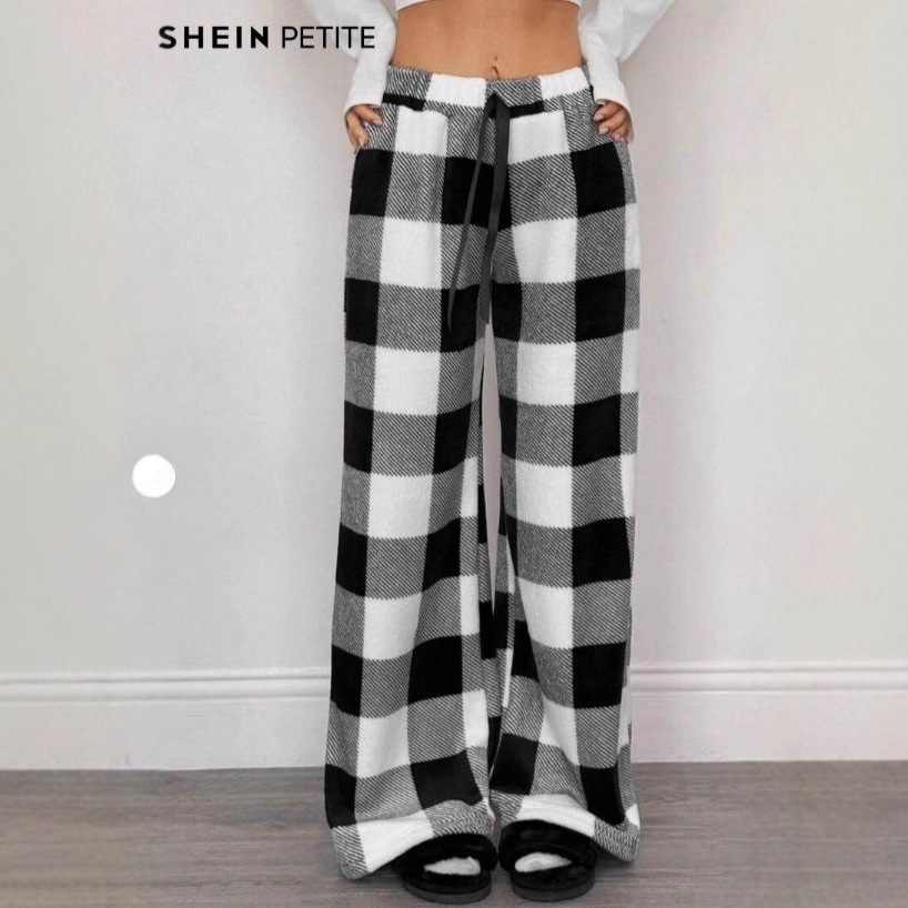 女式跨境黑白格宽松阔腿休闲裤，带绒，适合冬季穿搭