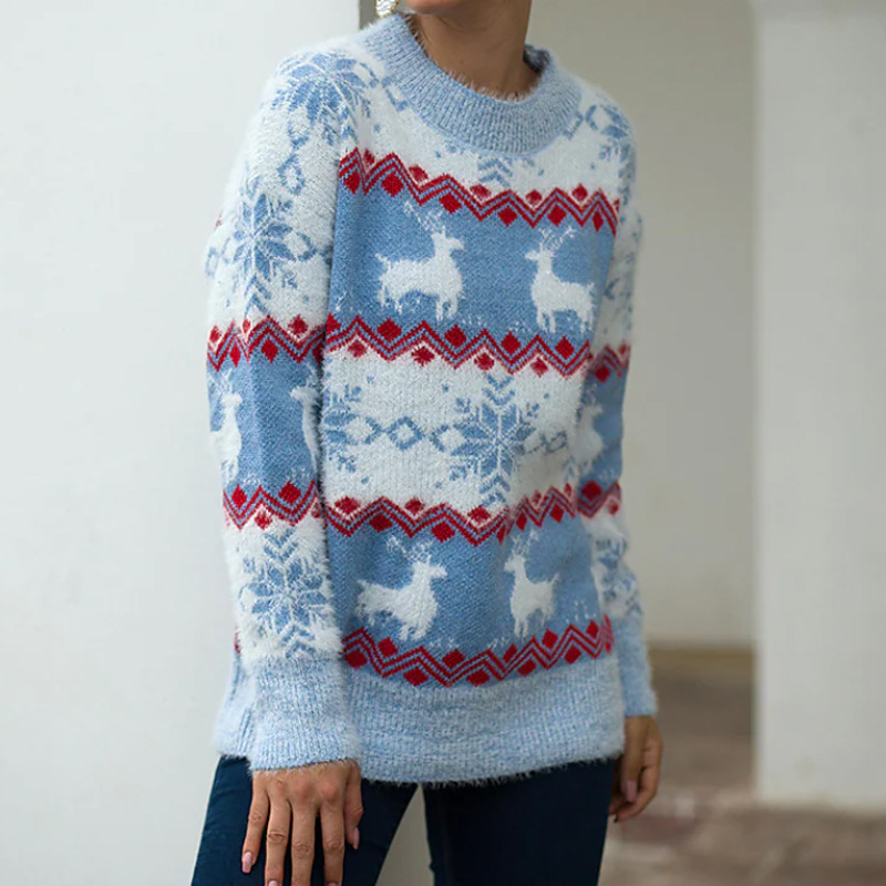 Pull de Noël douillet en maille jacquard à motif cerf, coupe ample, col rond, style décontracté, en fil doux._voghion.com