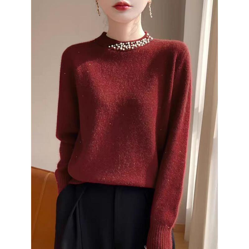 Suelta, camisa de base de cuentas de clavos de sequillas para mujeres 2025, nuevo estilo de otoño y invierno, suéter de punto de mujer grande