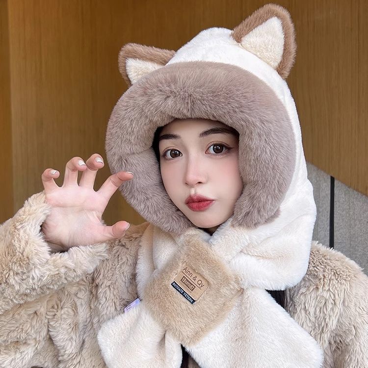 Sombrero de estilo coreano bufanda integrada de invierno de las mujeres versátil lindo sombrero de felpa cálido invierno engrosado anticongelante a prueba de viento con capucha image 4