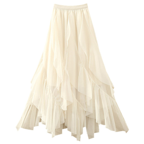 Irregular ruffled chiffon skirt, women's spring/autumn high-waisted skirt, half-length skirt, maxi skirt with a voluminous hem that creates a slimming effect.