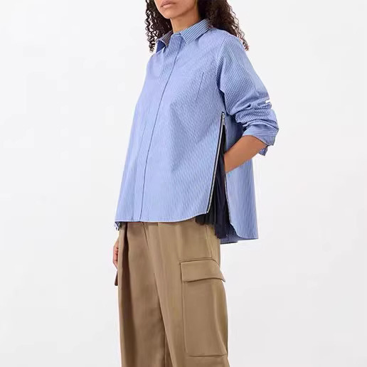 Spring New Japanese Deconstructed Design Casual Striped Side Slit Pleated Long-Sleeve Shirt Versatile Loose Fit for Women Spring New Japanese Deconstructed Design Casual Striped Side Slit Pleated Long-Sleeve Shirt Versatile Loose Fit for Women