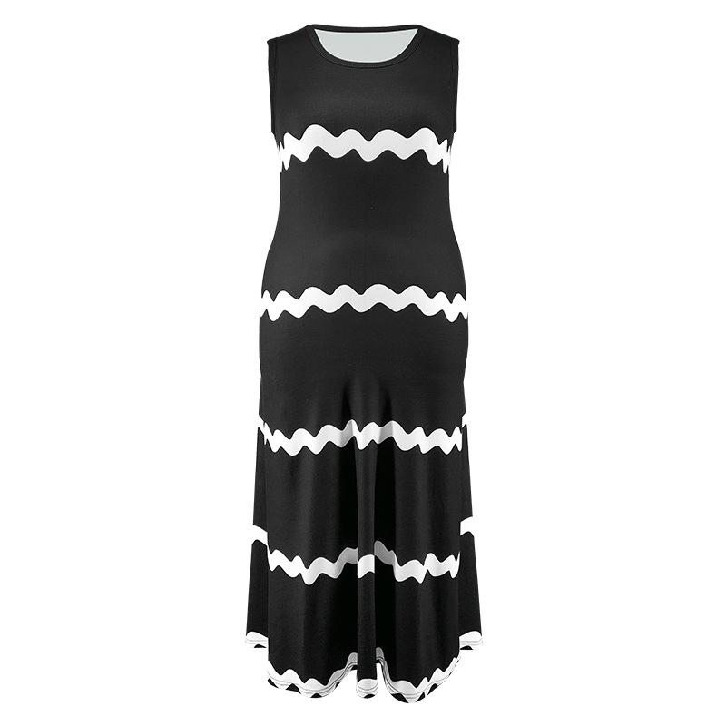 Dameskleding in grote maten: Mouwloze jurk met spaghettibandjes, gestreepte print, lange stijl, geschikt voor formele en casual gelegenheden._voghion.com
