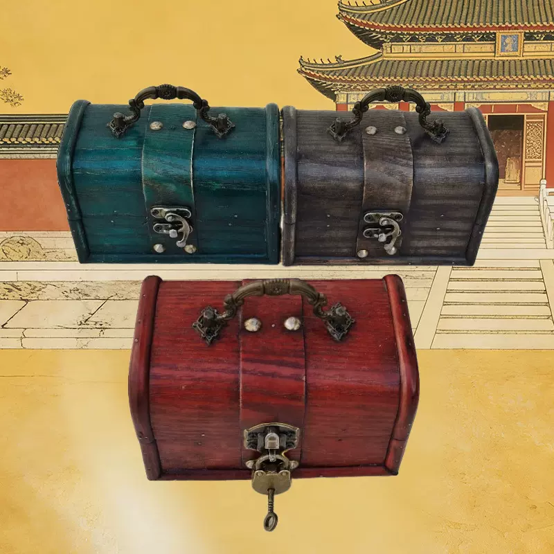 仿古箱子仿红木复古木箱子老式箱首饰盒古风拍摄带锁海盗宝箱道具