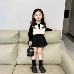 Children's Korean style contrasting color knitted sweater autumn new style girls' trendy casual letter embroidered Polo collar top