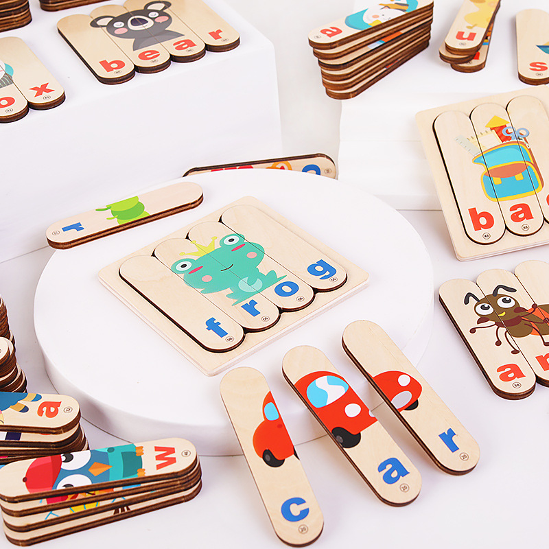 Creative Strip Word Cartoon Puzzle Wooden 3-4 Years Old 6 Baby Building Blocks Boys and Girls Kidsren Early Education Educational Toys