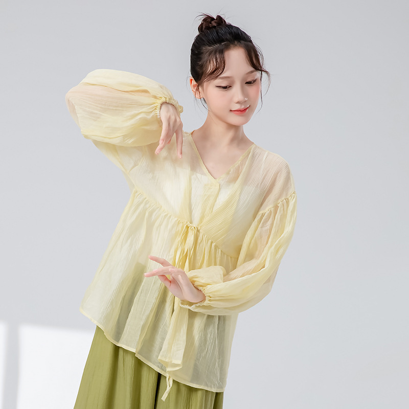古典舞练功服女新款系带灯笼袖宽松罩衫中国舞成人舞蹈服网纱上衣|undefined