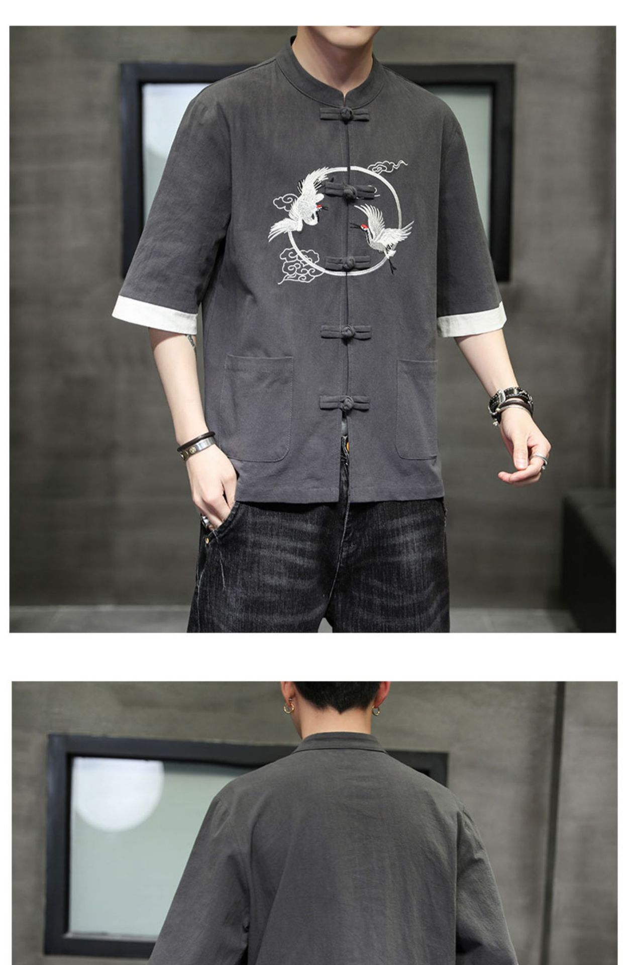 2024 Summer Chinese cotton linen short sleeved men's Tang embroidery Han style loose China-Chic shirt men_autovado.com
