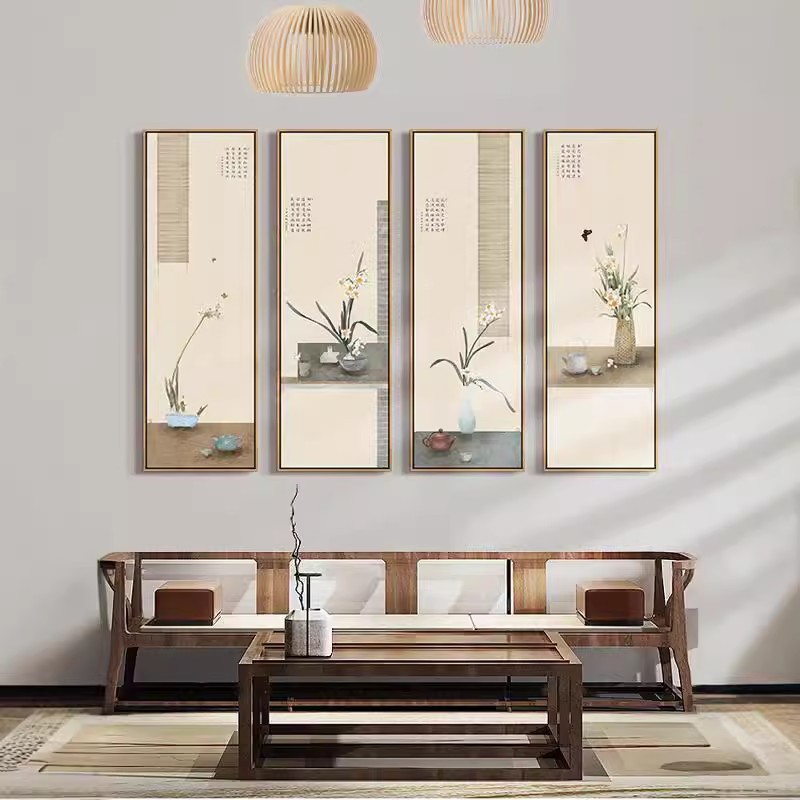 新中式水仙花客厅背景墙装饰画水墨禅意四联挂画茶室国画书房壁画