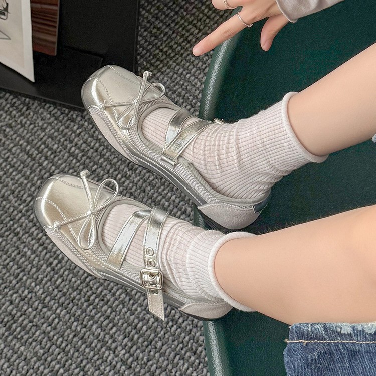 羊皮版银色真皮复古玛丽珍女鞋夏季百搭蝴蝶结芭蕾舞平底浅口单鞋|undefined