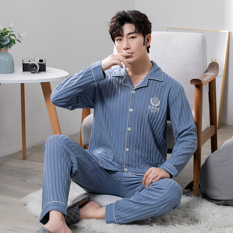 Pijama de hombre de algodón primavera y otoño delgado cardigan de manga larga