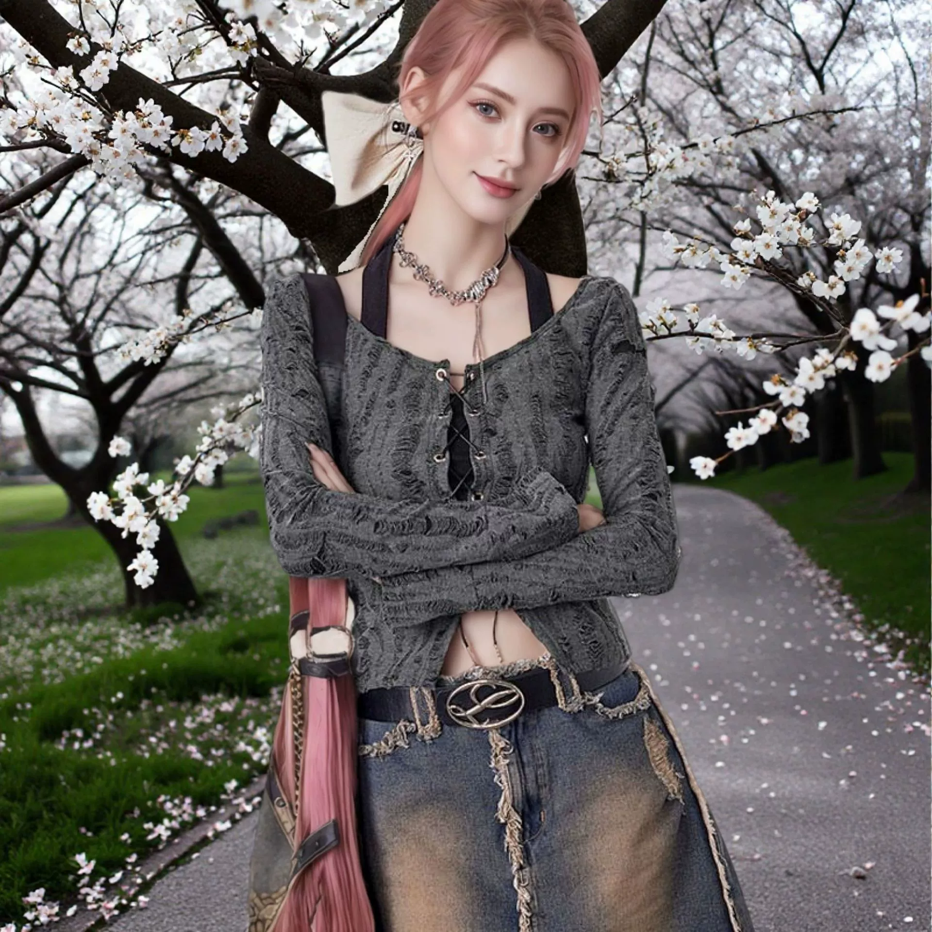 Трансграничный 2024 новый стиль отходов почвы поддельные два шея с длинными рукавами футболка темно-прохладная пряная красавика для внешней торговли