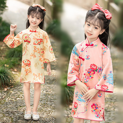 Children's printed floral retro qipao dress cheongsam show restoring ancient ways deerskin velvet Chinese dresses girls outfit dress girl national wind hanfu