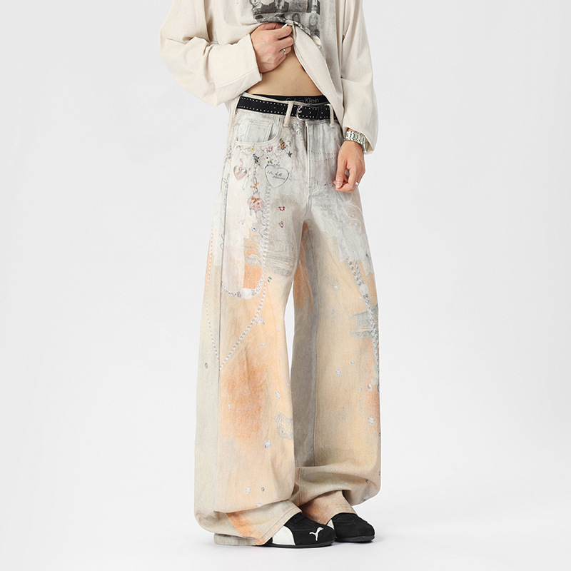 Celebrity-Inspired Gradient Punk Hand-Painted Chain Print Wide-Leg Jeans Unisex Wide-Leg Casual Pants