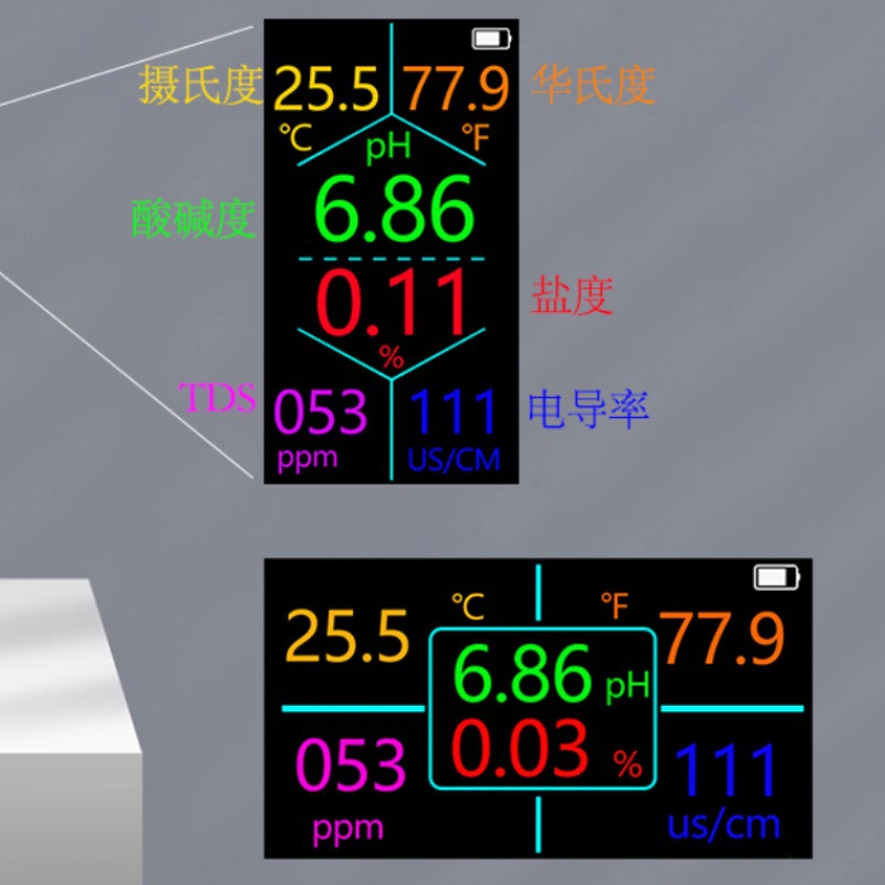 盐度计 五合一水质分析仪充电款ph测试笔TDS水质检测笔电导率EC计