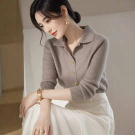 高品质减龄中年女Polo领针织羊毛衫欧货法式优雅显瘦外穿打底毛衣