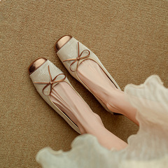 絲綢牛皮2024春夏新款拼色復古蝴蝶結國風方頭淺口平底芭蕾舞鞋