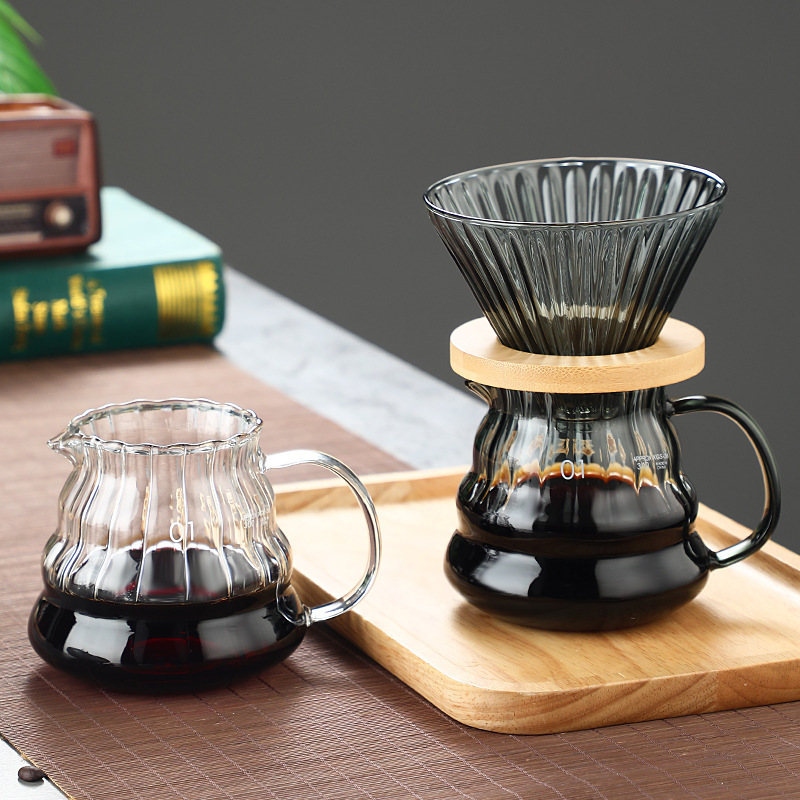 Yingdu Heat Resistant Glass Striped Coffee Pot Cloud Pot with Filter Cup Bamboo Coffee Pot suit New Coffee Pot