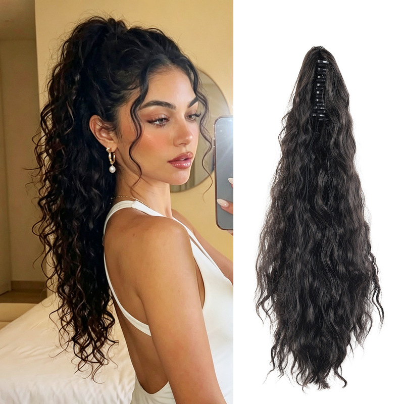 European and American style women's wig ponytail with wavy long curly hair, fluffy corn perm, clip-on ponytail hair extension European and American style women's wig ponytail with wavy long curly hair, fluffy corn perm, clip-on ponytail hair extension