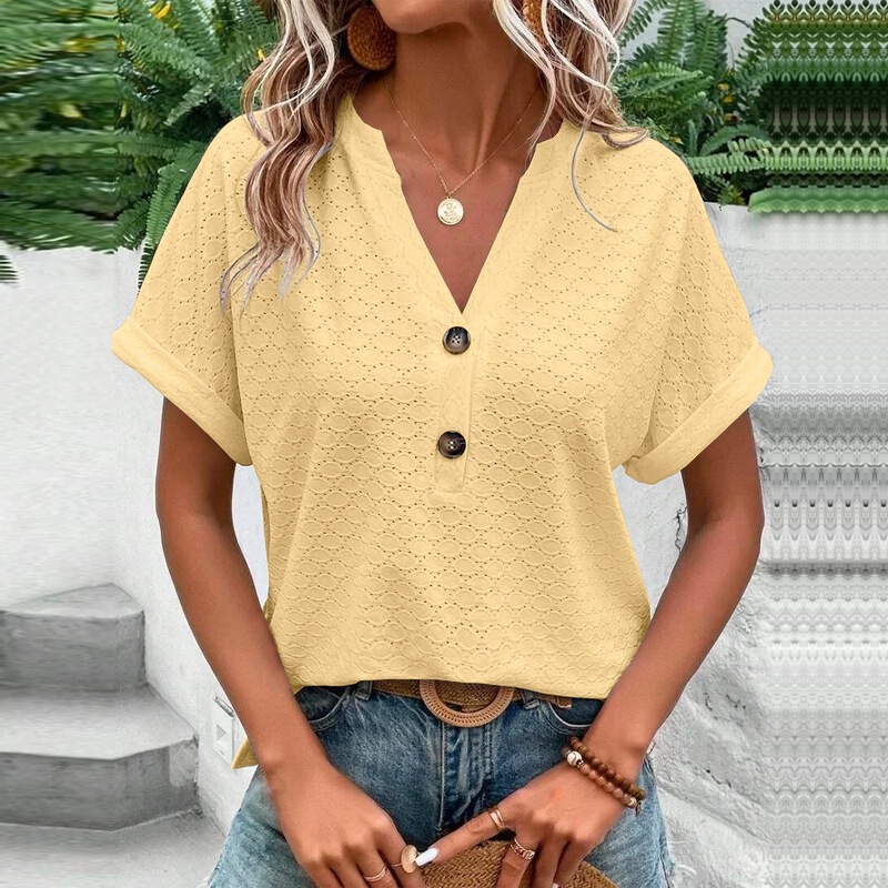 2025 春夏ヨーロッパとアメリカのクロスボーダー Amazon 独立したステーション新しい婦人服ファッションカジュアル無地ボタン V ネック T シャツ女性|undefined