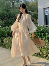 法式刺绣高级感灯笼袖连衣裙女中长款2024春新款温柔风绝美仙女裙