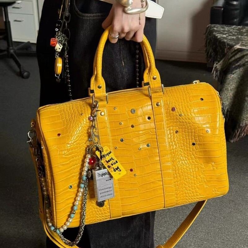 Yellow Anti-Crocodile Leather Texture Colored Diamond Gemstone Niche Crossbody Bag American Street Trendy Satchel Travel Bag for Men and Women